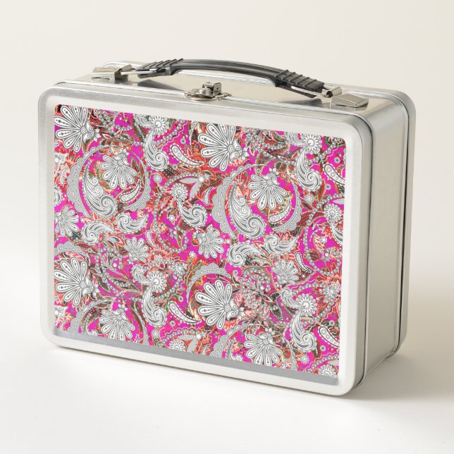 Cute white pink paisley patterns metal lunch box (Front)