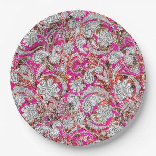 Cute white pink paisley patterns paper plate