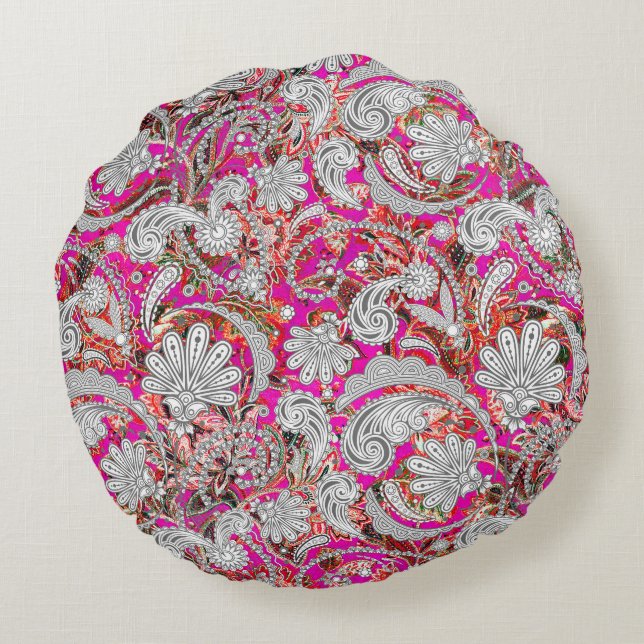 Cute white pink paisley patterns round pillow (Back)