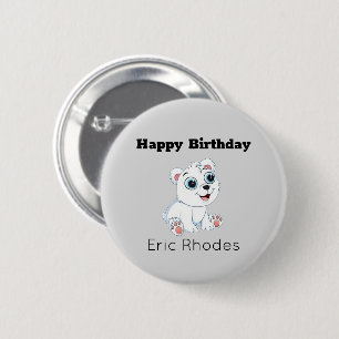 Cute white polar bear on grey birthday 2 inch round button