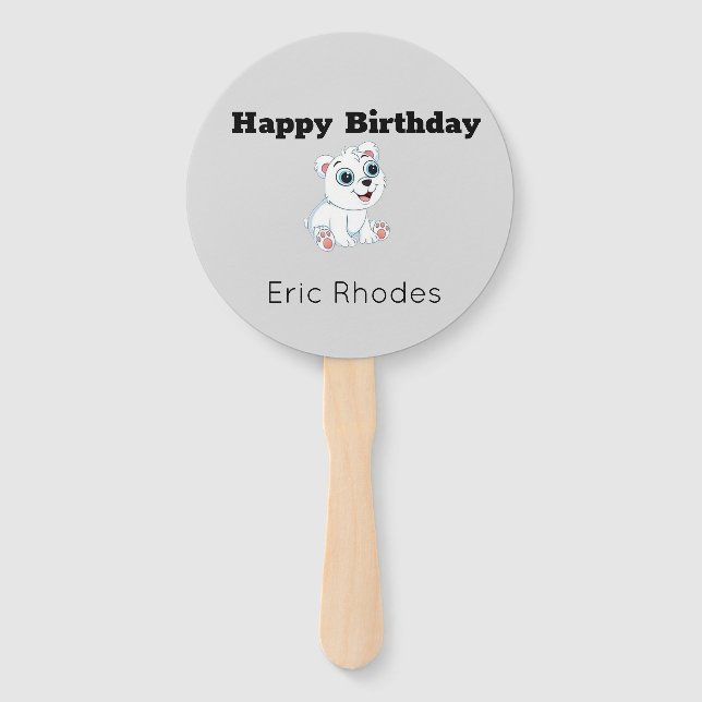 Cute white polar bear on grey birthday hand fan (Front)