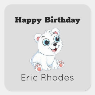 Cute white polar bear on grey birthday square sticker