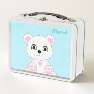 Cute White Polar Bear on Light Blue Metal Lunch Bo Box