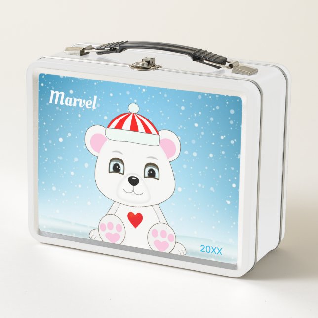Cute White Polar Bear on Light Blue Metal Lunch Box (Front)