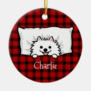 Cute White Pomeranian Dog Tucked In Bed Custom Ceramic Ornament