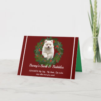 Cute White Pomeranian  Dog wreath Holiday Card