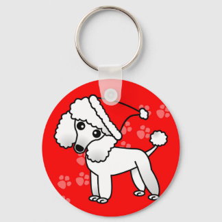 Cute White Poodle Cartoon Santa Hat Keychain
