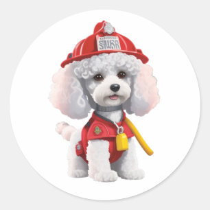  Cute White Poodle Firefighter Sticker