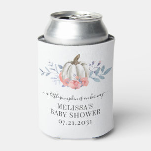 Cute White Pumpkin Floral Pink Roses Botanical Can Cooler