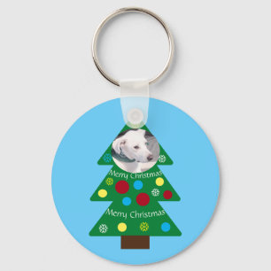 Cute White Puppy Dog Colourful Christmas Tree Blue Keychain