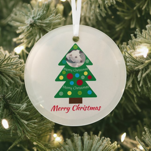 Cute White Puppy Dog Colourful Christmas Tree Clea Glass Ornament (Insitu)