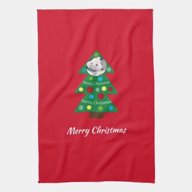 Cute White Puppy Dog Colourful Christmas Tree Red Kitchen Towel (Vertical)