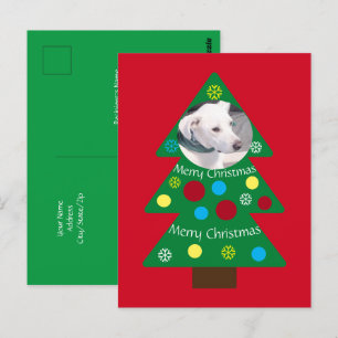 Cute White Puppy Dog Colourful Christmas Tree Red Postcard