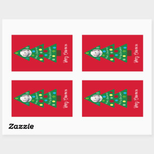 Cute White Puppy Dog Colourful Christmas Tree Red Sticker