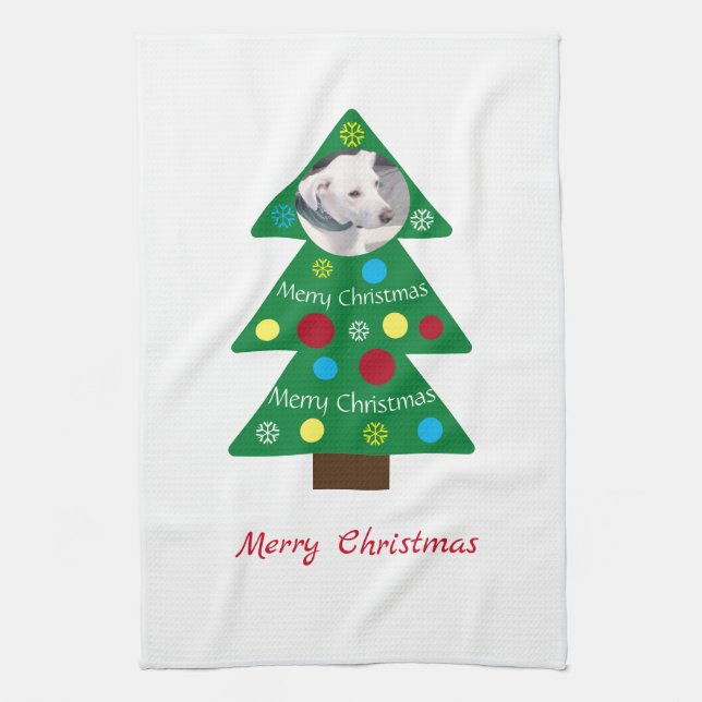 Cute White Puppy Dog Colourful Christmas Tree Xmas Kitchen Towel (Vertical)