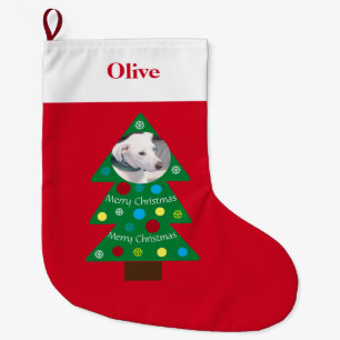 Cute White Puppy Dog Colourful Decorated Tree Red  Large Christmas Stocking