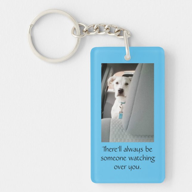 Cute White Puppy Dog Watching Over You Christmas Keychain (Front)