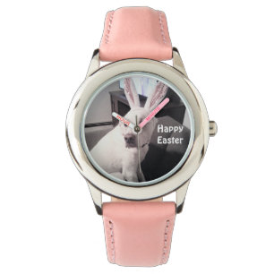 Cute White Puppy Dog Wearing Easter Bunny Ears Watch