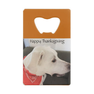Cute White Puppy Dog Wearing Scarf Thanksgiving Credit Card Bottle Opener