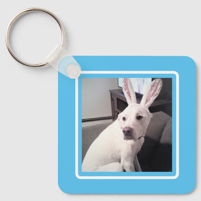 Cute White Puppy Dog With Easter Bunny Ears Blue Keychain (Front)