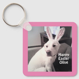 Cute White Puppy Dog With Easter Bunny Ears Keychain