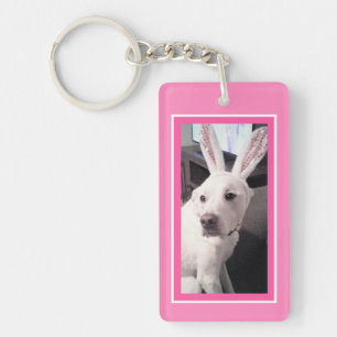 Cute White Puppy Dog With Easter Bunny Ears Pink Keychain