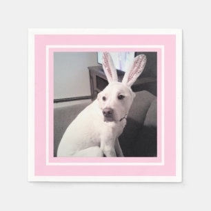 Cute White Puppy Dog With Easter Bunny Ears Pink Napkin