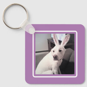 Cute White Puppy Dog With Easter Bunny Ears Purple Keychain
