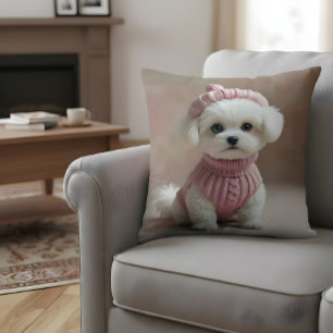 Cute White Puppy in Pink Sweater & Hat Throw Pillow