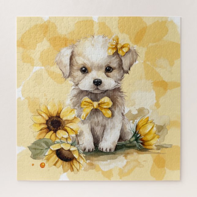 Cute White Puppy Yellow Sunflower Watercolor Jigsaw Puzzle (Vertical)