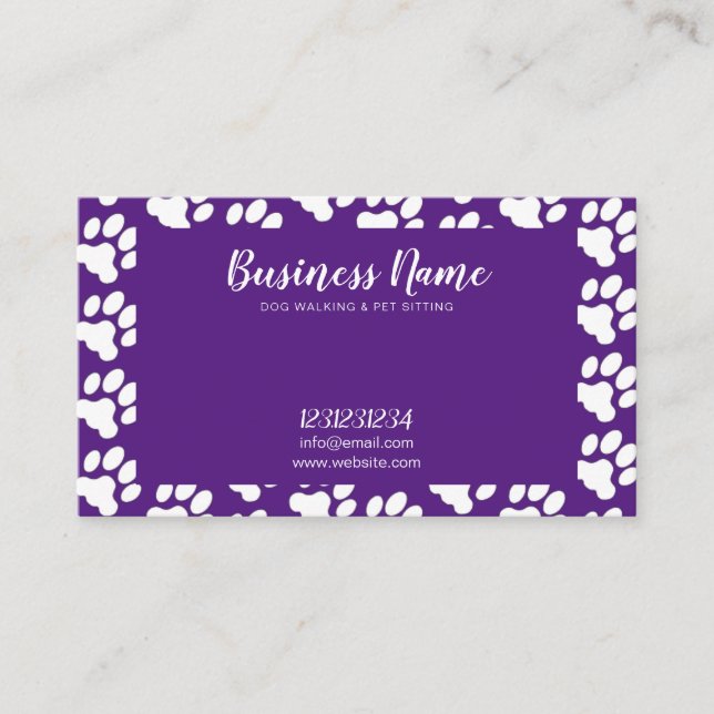 Cute White & Purple Paw Print Pattern Dog Walking Business Card (Front)