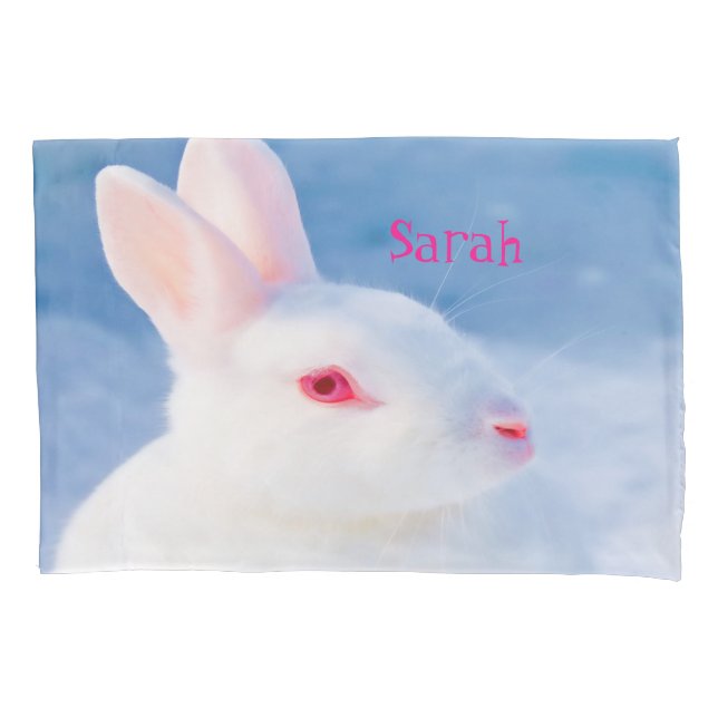 Cute white rabbit on blue background add name pillowcase (Front)