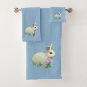Cute White Rabbit on Wondrous Light Blue Bath Towel Set