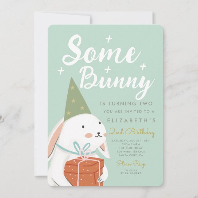 Cute White Rabbit Some Bunny is turning 2nd Bday Invitation (Front)