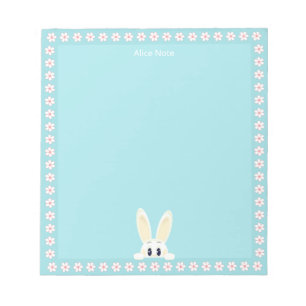 Cute White Rabbit & White Flowers on Simple Notepad
