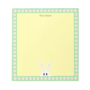 Cute White Rabbit & White Flowers on Yellow Simple Notepad