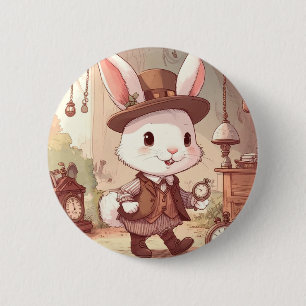 Cute White Rabbit Wonderland Whimsical Timekeeper 2 Inch Round Button