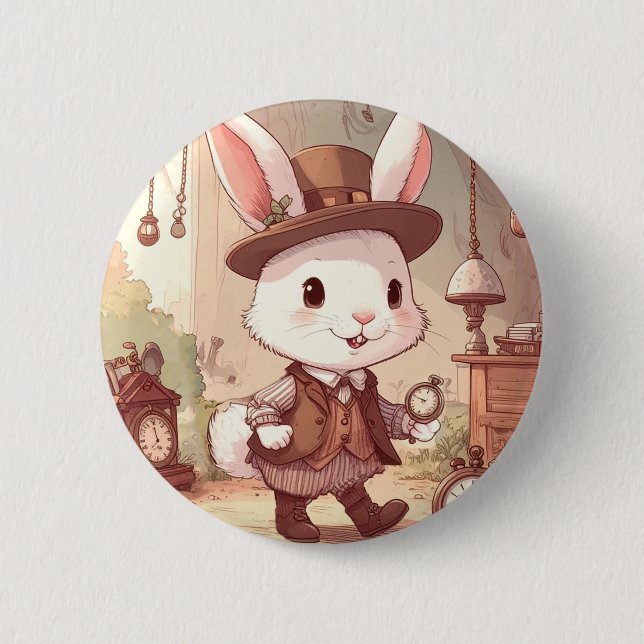Cute White Rabbit Wonderland Whimsical Timekeeper 2 Inch Round Button (Front)