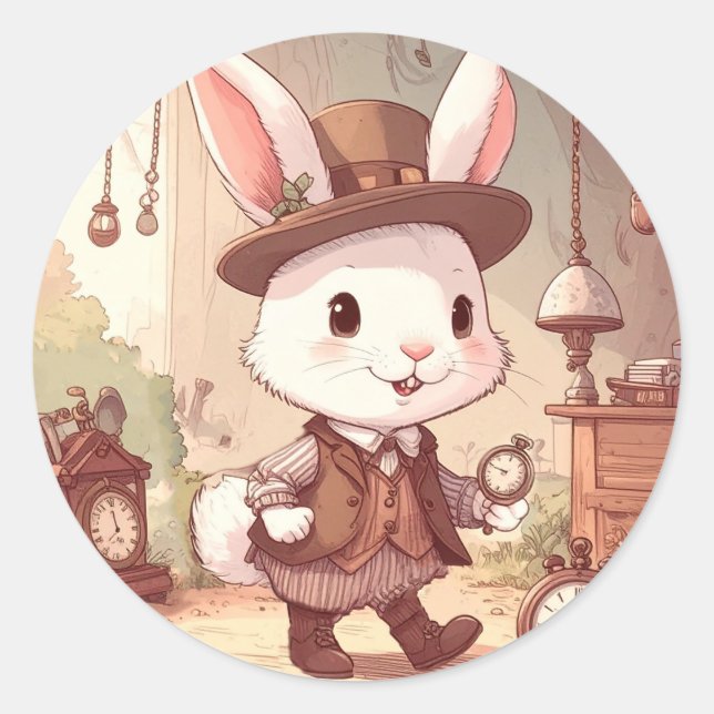 Cute White Rabbit Wonderland Whimsical Timekeeper Classic Round Sticker (Front)