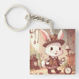 Cute White Rabbit Wonderland Whimsical Timekeeper Keychain