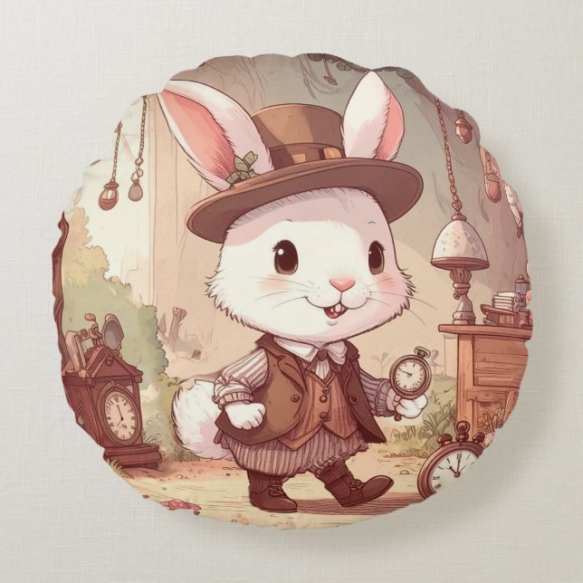 Cute White Rabbit Wonderland Whimsical Timekeeper Round Pillow (Front)