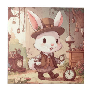 Cute White Rabbit Wonderland Whimsical Timekeeper Tile