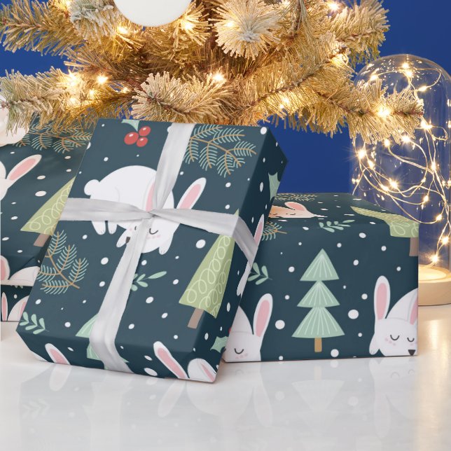 Cute White Rabbit Woodland Themed Christmas Wrapping Paper (Holidays)