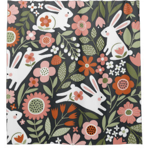 Cute white rabbits, floral vintage pattern.