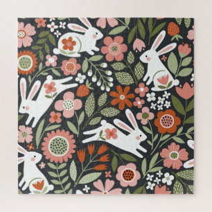 Cute white rabbits, floral vintage pattern. jigsaw puzzle