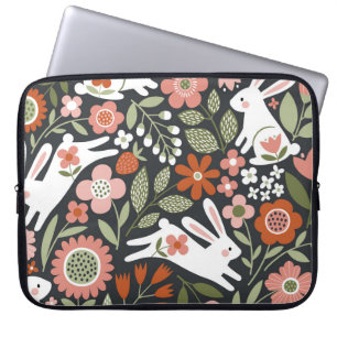 Cute white rabbits, floral vintage pattern. laptop sleeve