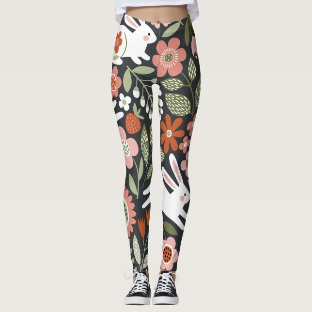 Cute white rabbits, floral vintage pattern. leggings (Front)