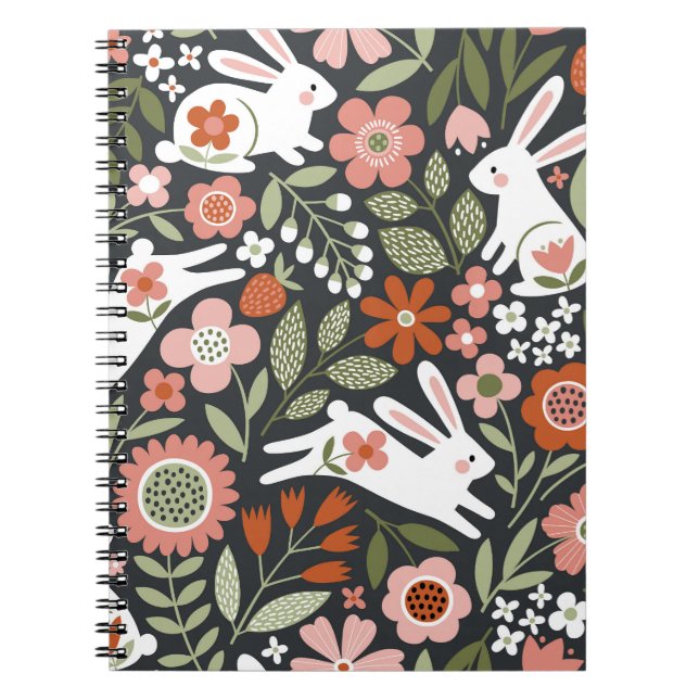 Cute white rabbits, floral vintage pattern. notebook (Front)