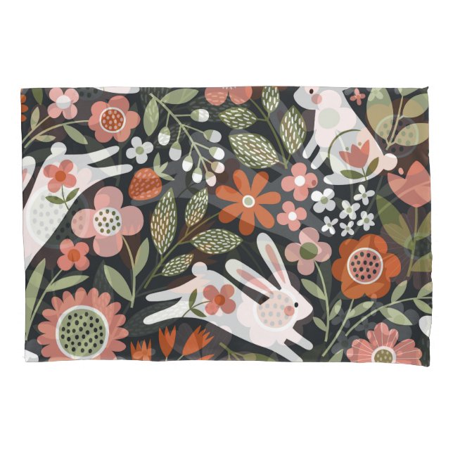 Cute white rabbits, floral vintage pattern. pillowcase (Front)