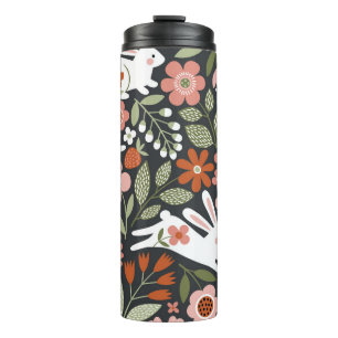 Cute white rabbits, floral vintage pattern. thermal tumbler